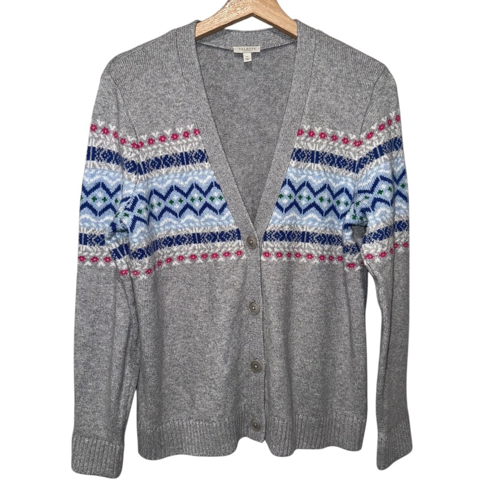 Talbots Sweater Women Sz M Petite Gray Blue Fair Isle Cardigan V-Neck Button Up